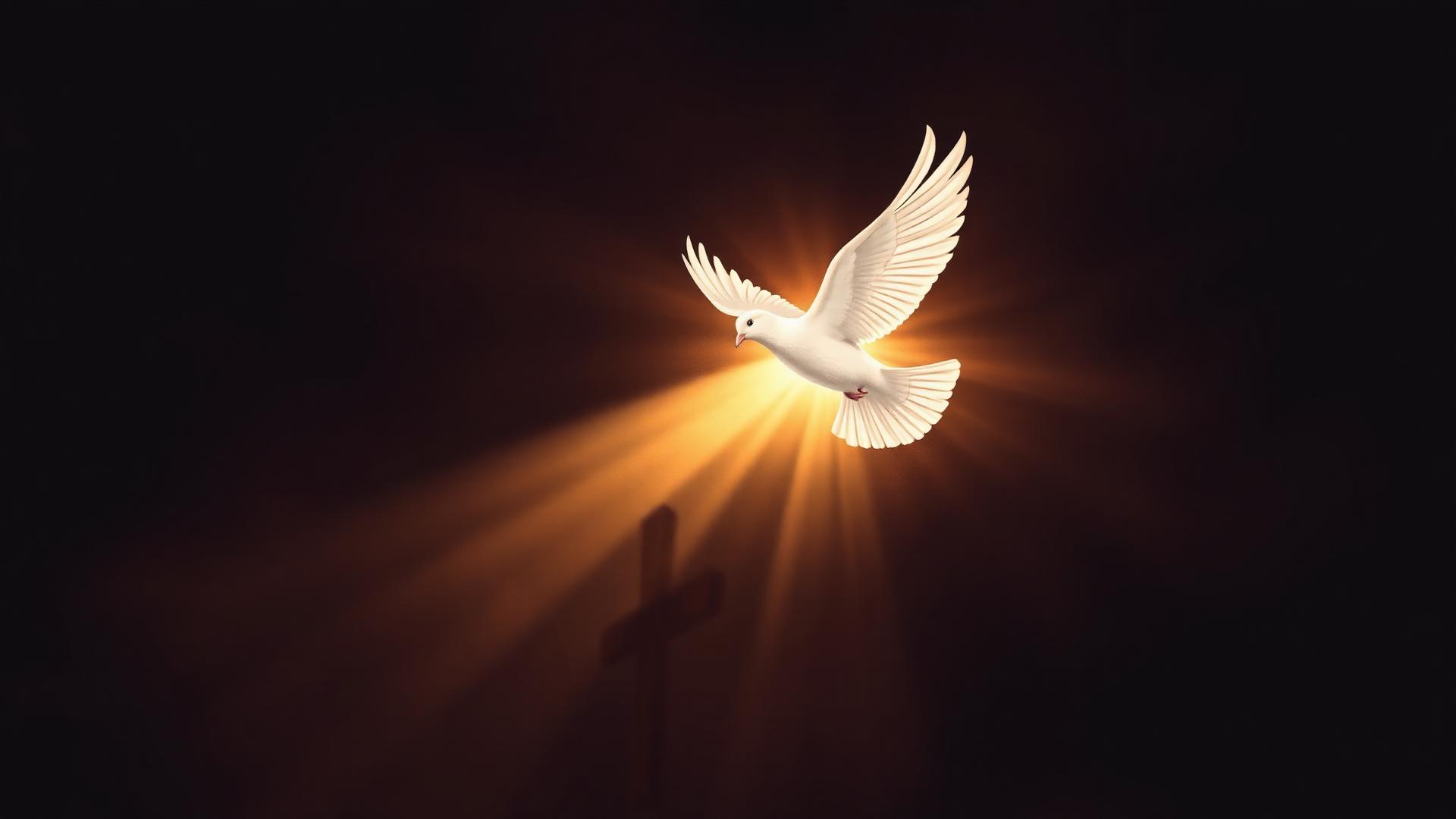 A white dove in flight, lit by golden rays before a shadowed cross